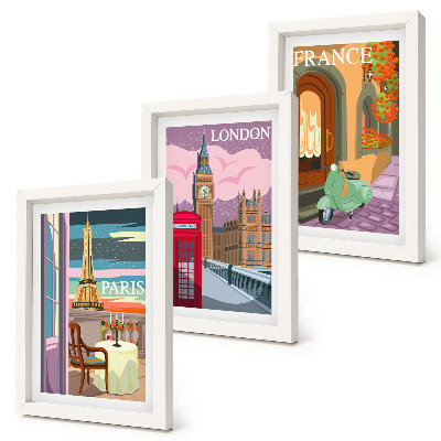 Triptyk tavla med ram Retrostadsbilder av Paris, London och Frankrike