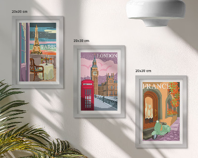 Triptyk tavla med ram Retrostadsbilder av Paris, London och Frankrike
