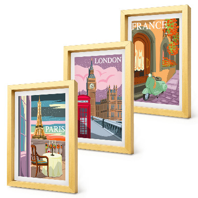 Triptyk tavla med ram Retrostadsbilder av Paris, London och Frankrike