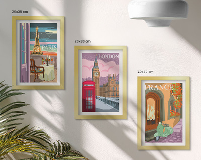 Triptyk tavla med ram Retrostadsbilder av Paris, London och Frankrike