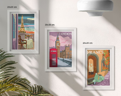 Triptyk tavla med ram Retrostadsbilder av Paris, London och Frankrike