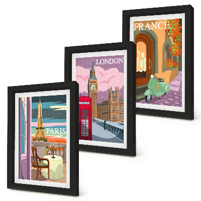 Triptyk tavla med ram Retrostadsbilder av Paris, London och Frankrike