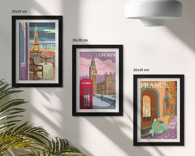 Triptyk tavla med ram Retrostadsbilder av Paris, London och Frankrike