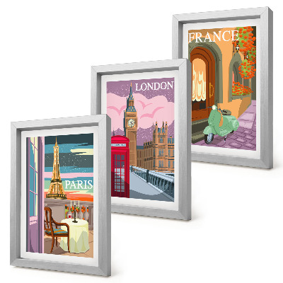 Triptyk tavla med ram Retrostadsbilder av Paris, London och Frankrike
