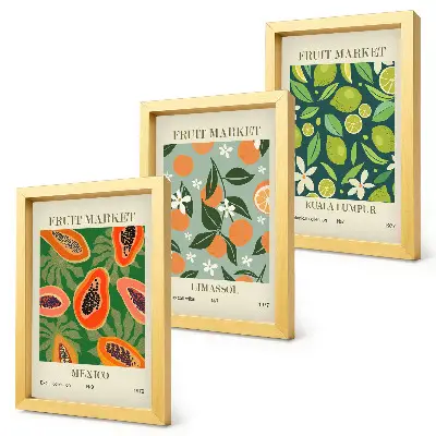 Tavelvägg med 3 fruktmönstrade vintageaffischer set med tre posters i vintagestil