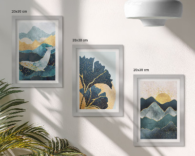 Triptyk tavla med ram Abstrakta estetiska vyer med berg och växter