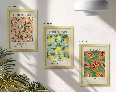 Tavelvägg med 3 tavlor med motiv av citrusfrukter och tropiska frukter i retrostil