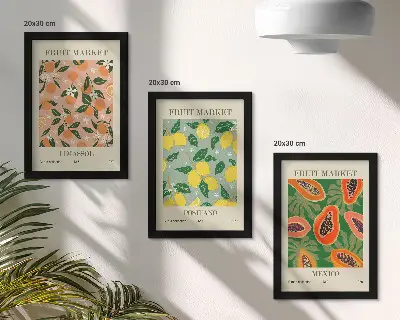 Tavelvägg med 3 tavlor med motiv av citrusfrukter och tropiska frukter i retrostil