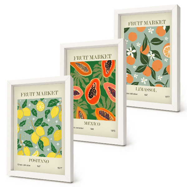 Triptyk tavla med ram Fruktposters citroner papaya mandariner blommor