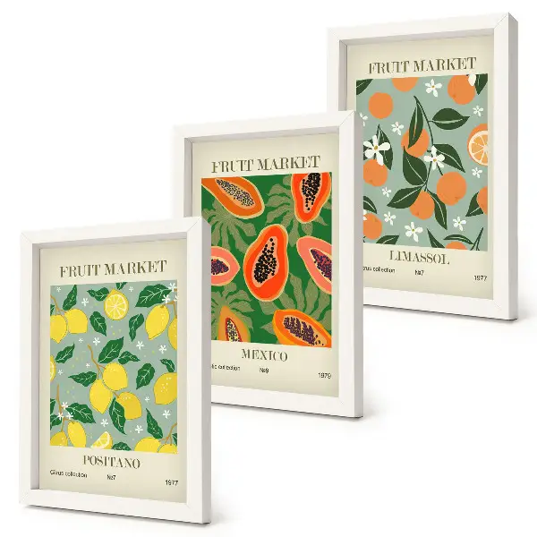 Triptyk med fruktmotiv tavla med ram föreställande citroner, papaya, mandariner och blommor