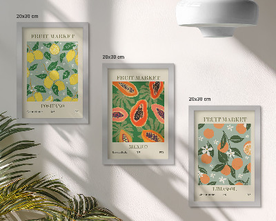 Triptyk tavla med ram Fruktposters citroner papaya mandariner blommor
