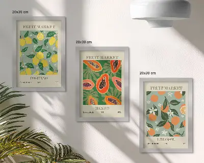 Triptyk med fruktmotiv tavla med ram föreställande citroner, papaya, mandariner och blommor