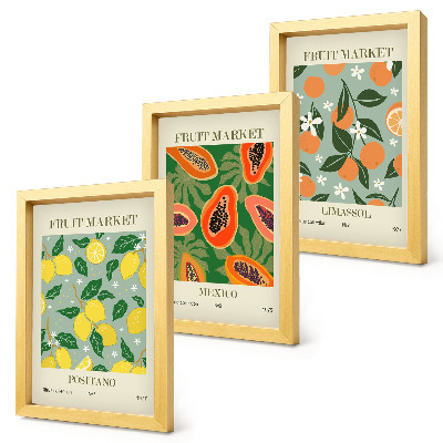 Triptyk tavla med ram Fruktposters citroner papaya mandariner blommor