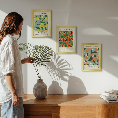 Triptyk tavla med ram Fruktposters citroner papaya mandariner blommor
