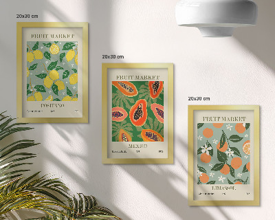 Triptyk tavla med ram Fruktposters citroner papaya mandariner blommor