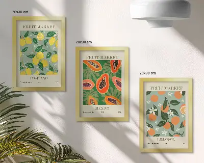 Triptyk med fruktmotiv tavla med ram föreställande citroner, papaya, mandariner och blommor