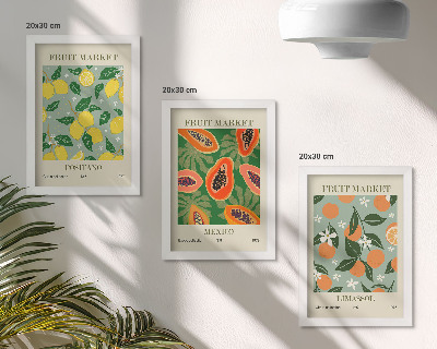 Triptyk tavla med ram Fruktposters citroner papaya mandariner blommor