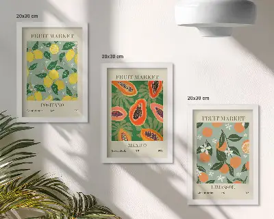 Triptyk med fruktmotiv tavla med ram föreställande citroner, papaya, mandariner och blommor