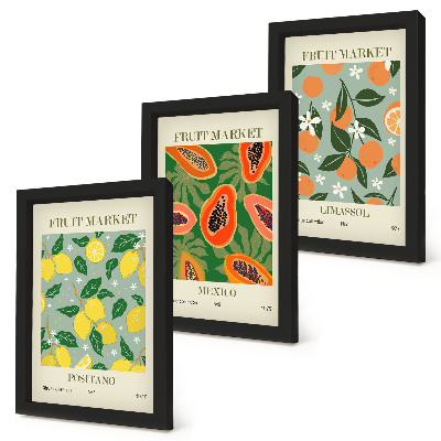 Triptyk tavla med ram Fruktposters citroner papaya mandariner blommor