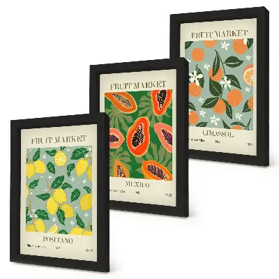 Triptyk med fruktmotiv tavla med ram föreställande citroner, papaya, mandariner och blommor