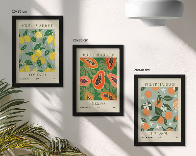 Triptyk tavla med ram Fruktposters citroner papaya mandariner blommor
