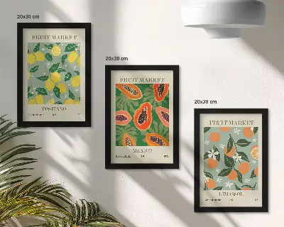 Triptyk med fruktmotiv tavla med ram föreställande citroner, papaya, mandariner och blommor