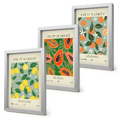 Triptyk tavla med ram Fruktposters citroner papaya mandariner blommor