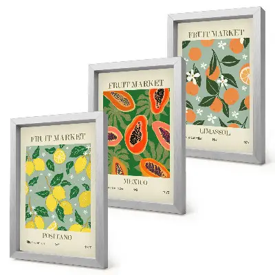 Triptyk med fruktmotiv tavla med ram föreställande citroner, papaya, mandariner och blommor