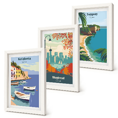 Triptyk tavla med ram Stadsbilder och landskap från Grekland, Kanada och Australien