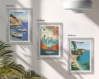 Triptyk tavla med ram Stadsbilder och landskap från Grekland, Kanada och Australien