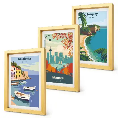 Triptyk med stadsbilder och landskap tavlor i ram med motiv från Grekland, Kanada och Australien