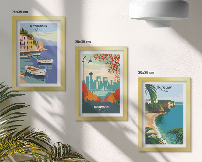 Triptyk tavla med ram Stadsbilder och landskap från Grekland, Kanada och Australien