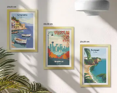 Triptyk med stadsbilder och landskap tavlor i ram med motiv från Grekland, Kanada och Australien