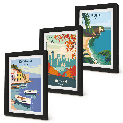Triptyk tavla med ram Stadsbilder och landskap från Grekland, Kanada och Australien