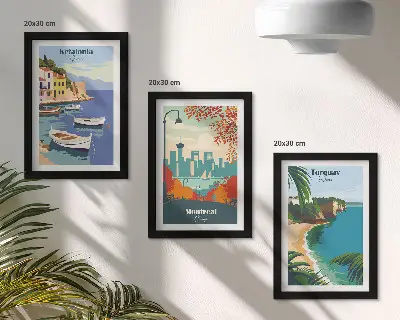 Triptyk med stadsbilder och landskap tavlor i ram med motiv från Grekland, Kanada och Australien