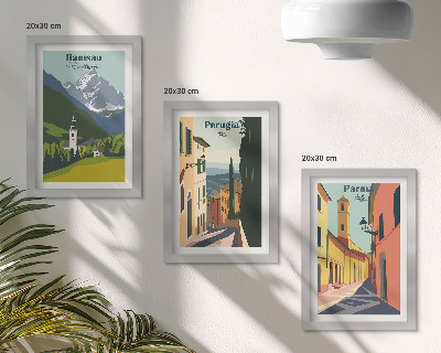Triptyk tavla med ram Bergslandskap och gator i italienska städer