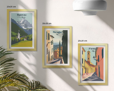 Triptyk tavla med ram Bergslandskap och gator i italienska städer