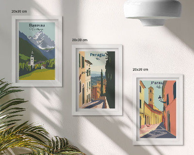 Triptyk tavla med ram Bergslandskap och gator i italienska städer