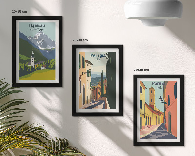 Triptyk tavla med ram Bergslandskap och gator i italienska städer