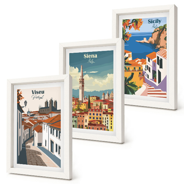 Tavelvägg med 3 tavlor Retroillustrationer av kända städer runt om i världen