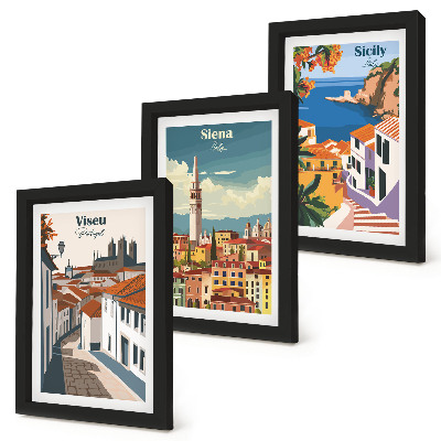 Tavelvägg med 3 tavlor Retroillustrationer av kända städer runt om i världen