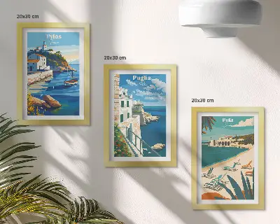 Triptyk tavla med ram med motiv av pittoreska kustlandskap från turistmål