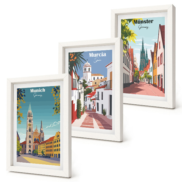 Triptyk tavla med ram Europeiska städer i färgglada illustrationer