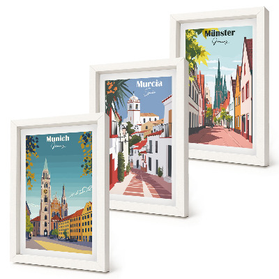 Triptyk tavla med ram Europeiska städer i färgglada illustrationer