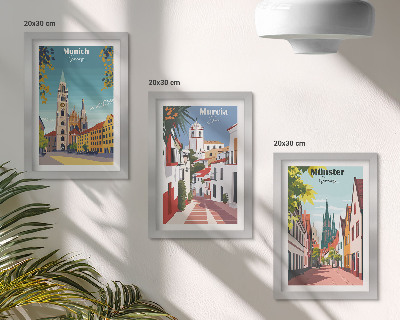 Triptyk tavla med ram Europeiska städer i färgglada illustrationer