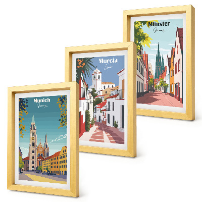 Triptyk tavla med ram Europeiska städer i färgglada illustrationer