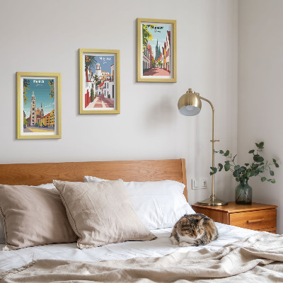 Triptyk tavla med ram Europeiska städer i färgglada illustrationer