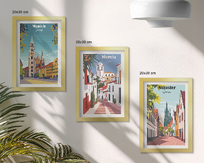 Triptyk tavla med ram Europeiska städer i färgglada illustrationer