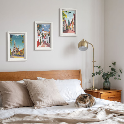 Triptyk tavla med ram Europeiska städer i färgglada illustrationer