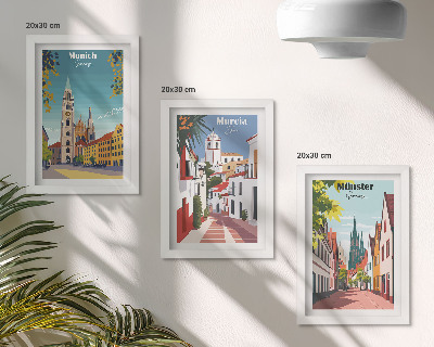 Triptyk tavla med ram Europeiska städer i färgglada illustrationer
